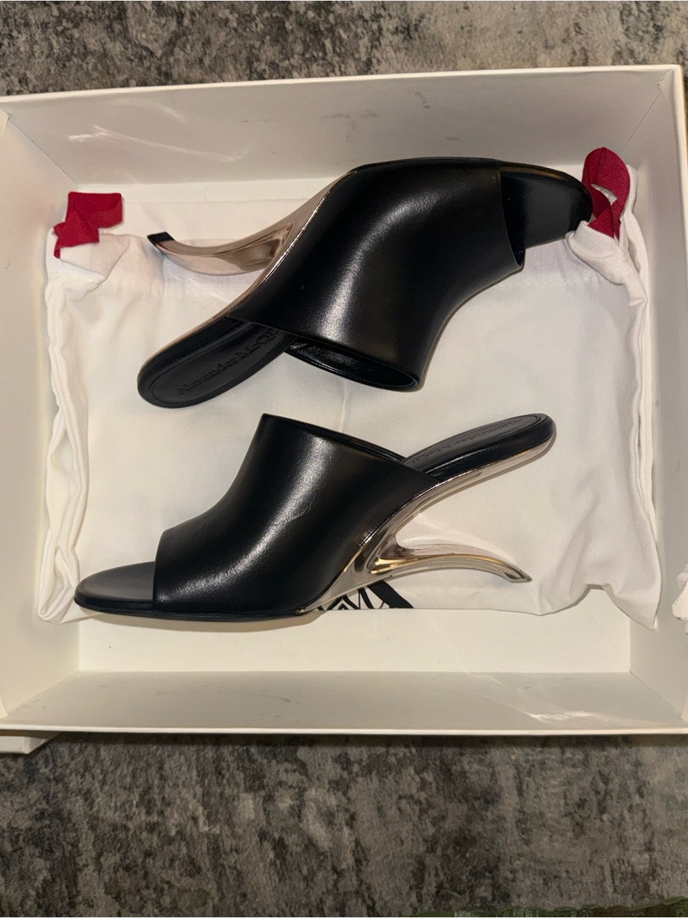 Alexander McQueen Black Leather Open-Toe Mules with Metallic Sculptural Heel